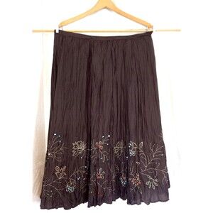 Chico’s Brown Silk Crinkled Embroidered Midi Skirt Size 2 (12) New with Tags